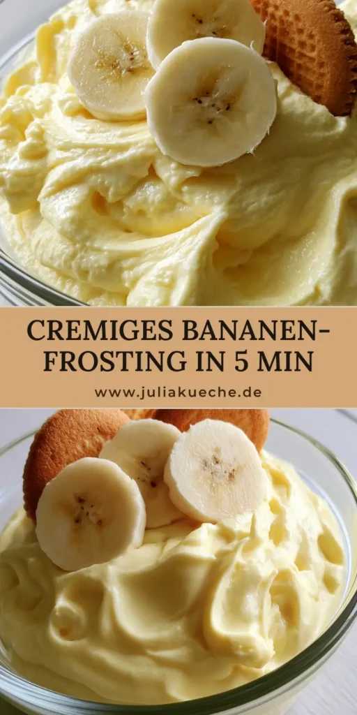 Dicke blassgelbe Bananen-Frosting Creme in einer Glasschüssel mit Bananenscheiben und Waffelkeksen.