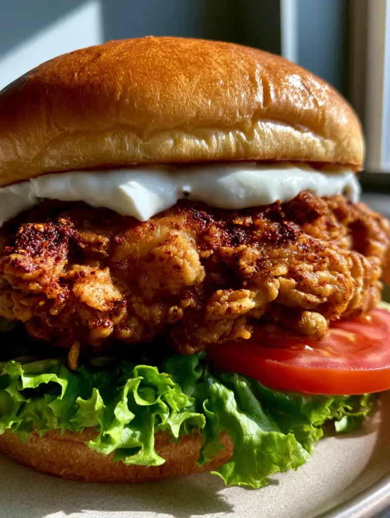Detailaufnahme der knusprigen Panade des Cajun Chicken Sandwich.