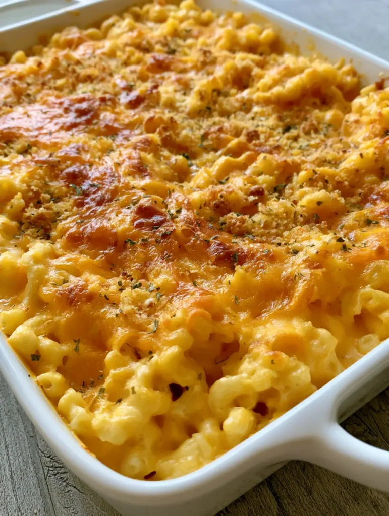 Mac and Cheese Rezept: Das ultimative cremige Wohlfühlessen mit Knusperkruste 2 Nahaufnahme von gebackenen Käsemakkaroni mit einer knusprigen Kruste aus Cheddar und Semmelbröseln. (Mac and Cheese Rezept)
