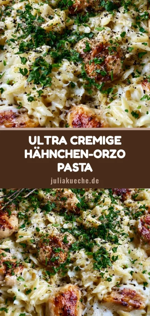 Cremige Orzo Pasta mit zartem Hähnchen und Parmesan 3 Nahaufnahme einer Schüssel mit cremiger Orzo Pasta, goldbraunem Hähnchen, frischer Petersilie und grobem schwarzem Pfeffer auf einem Leinentuch.