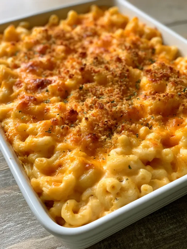 Mac and Cheese Rezept: Das ultimative cremige Wohlfühlessen mit Knusperkruste 1 Mac and Cheese Rezept serviert in einer weißen Keramikform auf einem rustikalen Holztisch.