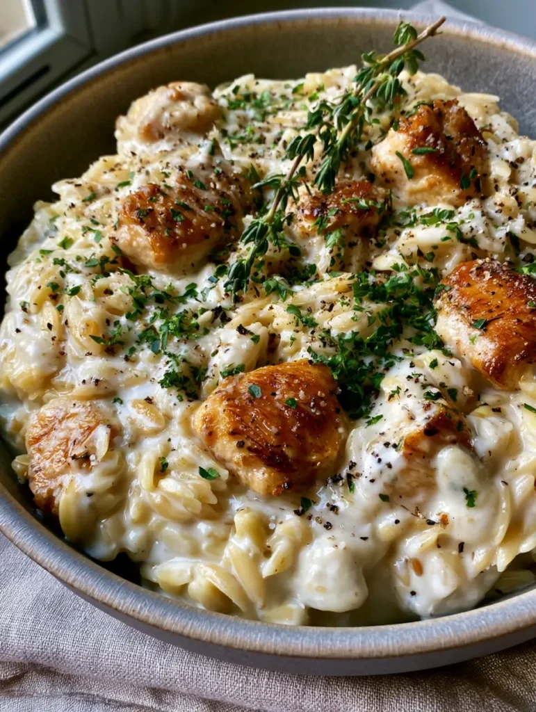 Cremige Orzo Pasta mit zartem Hähnchen und Parmesan 2 Rustikale graue Schüssel gefüllt mit cremiger Orzo Pasta, dekoriert mit Thymianzweigen und Parmesan.