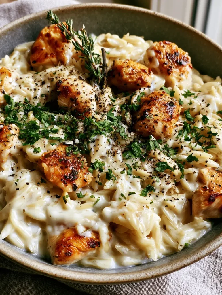 Cremige Orzo Pasta mit zartem Hähnchen und Parmesan 1 Seitenansicht der cremigen Orzo Pasta mit Fokus auf die Textur der Sauce und die Kräuter.