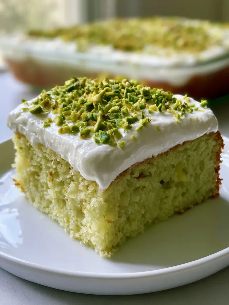 Pistazien-Ananas-Kuchen: Der ultimative saftige Blechkuchen mit Sahnehaube 1 Ein angeschnittenes Stück Pistazien-Ananas-Kuchen in einer Glasform mit Sahnehaube.