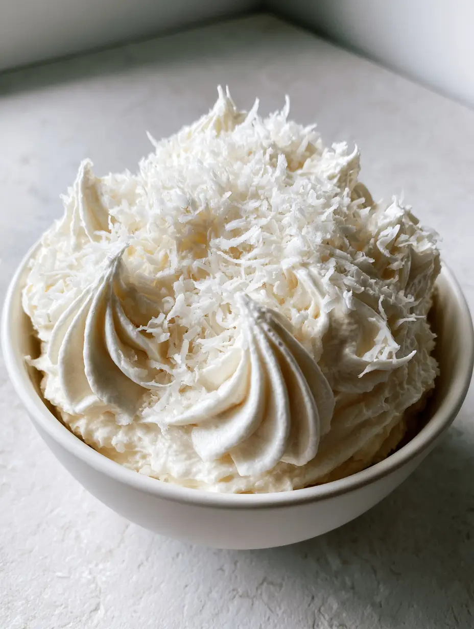 Kokos-Buttercreme: Das ultimative Rezept für fluffiges, tropisches Frosting 3 Luftige Kokos-Buttercreme mit dekorativen Wellen in einer Keramikschale auf grauem Stein.