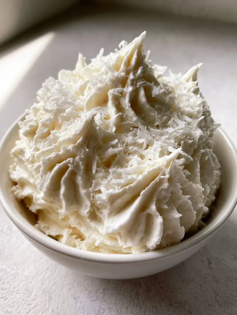 Kokos-Buttercreme: Das ultimative Rezept für fluffiges, tropisches Frosting 1 Detailansicht der Kokos-Buttercreme mit feinen Kokosraspeln bestreut.