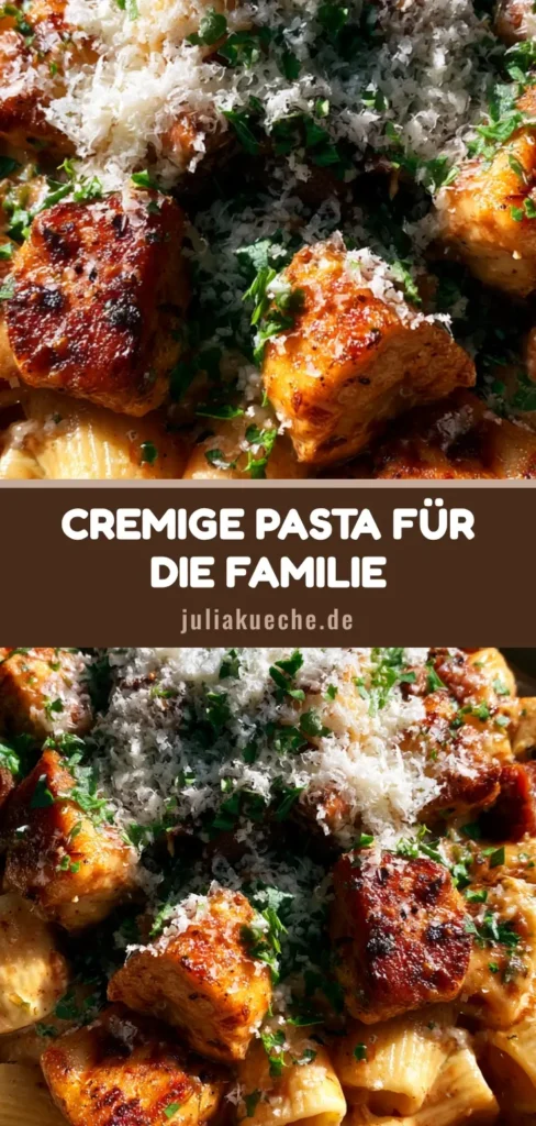 Cremige Hähnchen-Pasta: Das ultimative Comfort Food Rezept 4 Draufsicht auf eine Schüssel cremige Hähnchen-Pasta mit Rigatoni, goldbraunem Hähnchen, Wurstscheiben und viel Parmesan.