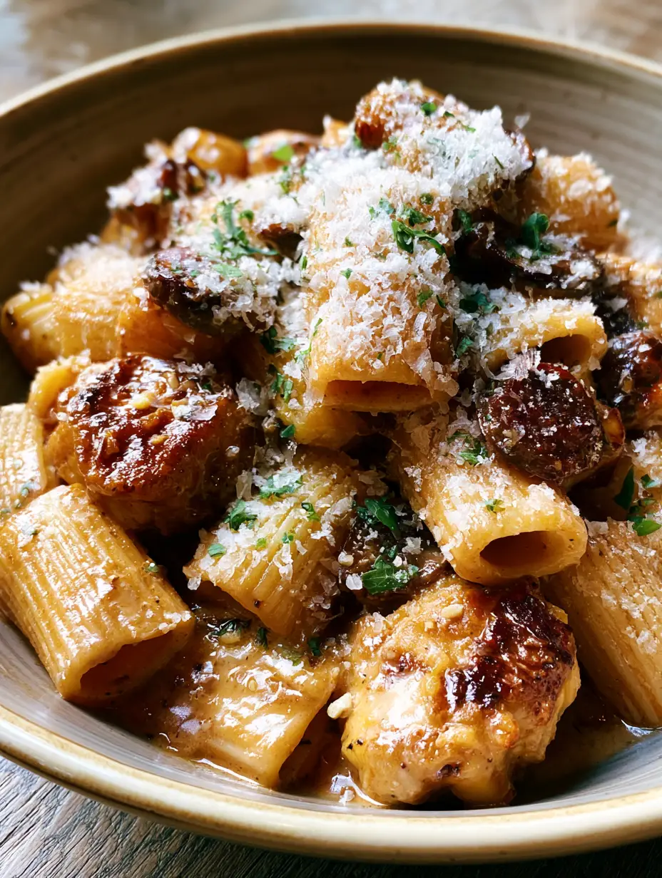 Cremige Hähnchen-Pasta: Das ultimative Comfort Food Rezept 3 Nahaufnahme einer Keramikschüssel mit cremiger Hähnchen-Pasta, glänzender Sauce und frischer Petersilie.