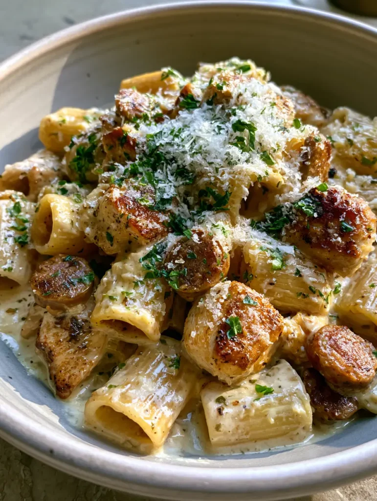 Cremige Hähnchen-Pasta: Das ultimative Comfort Food Rezept 1 Cremige Hähnchen-Pasta serviert in einer rustikalen Schüssel bei natürlichem Tageslicht.
