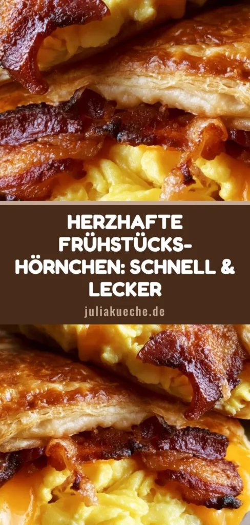 Frühstücks-Hörnchen mit Speck, Ei und geschmolzenem Cheddar 4 Nahaufnahme von goldbraun gebackenen Frühstücks-Hörnchen mit geschmolzenem Cheddar und Speck auf einem Teller.