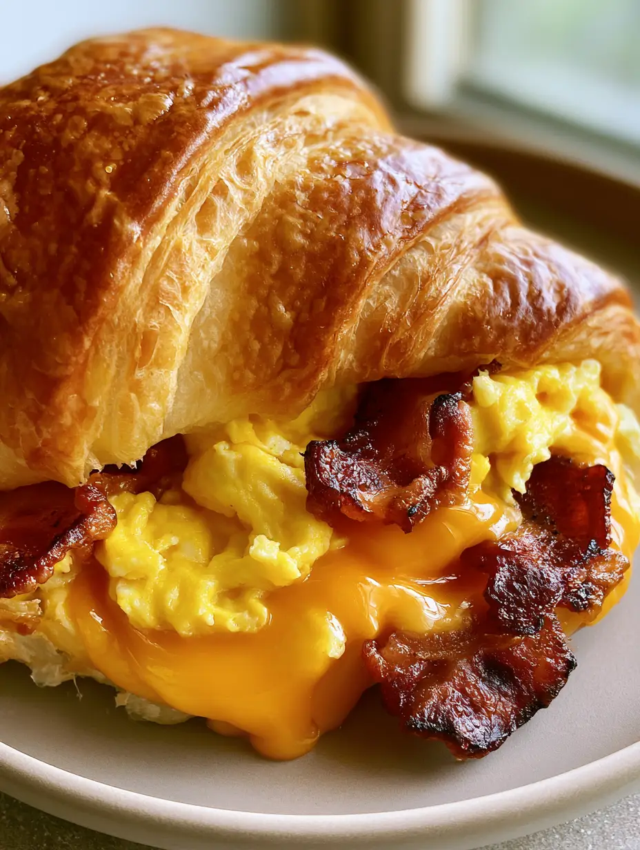 Frühstücks-Hörnchen mit Speck, Ei und geschmolzenem Cheddar 3 Ein Anschnitt eines Frühstücks-Hörnchens zeigt die Füllung aus fluffigem Rührei und knusprigem Speck.