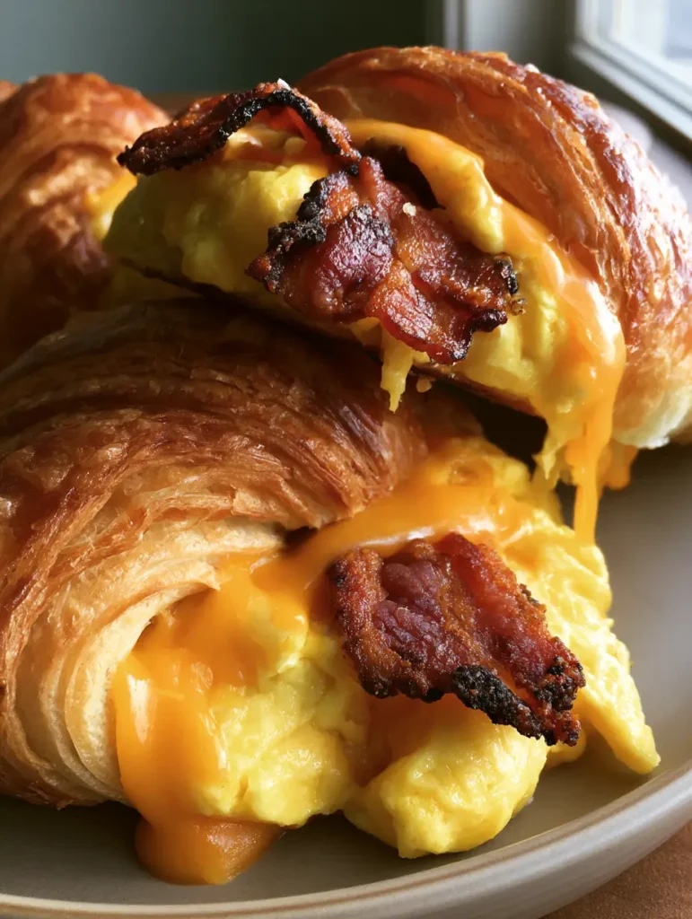 Frühstücks-Hörnchen mit Speck, Ei und geschmolzenem Cheddar 1 Mehrere fertig gebackene Frühstücks-Hörnchen auf einer Keramikplatte mit geschmolzenem Käse.