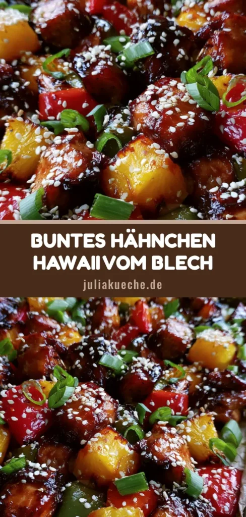 Ein Blechgericht mit glänzendem Teriyaki-Hähnchen, karamellisierter Ananas und bunten Paprikastücken, bestreut mit Sesam und Frühlingszwiebeln.
