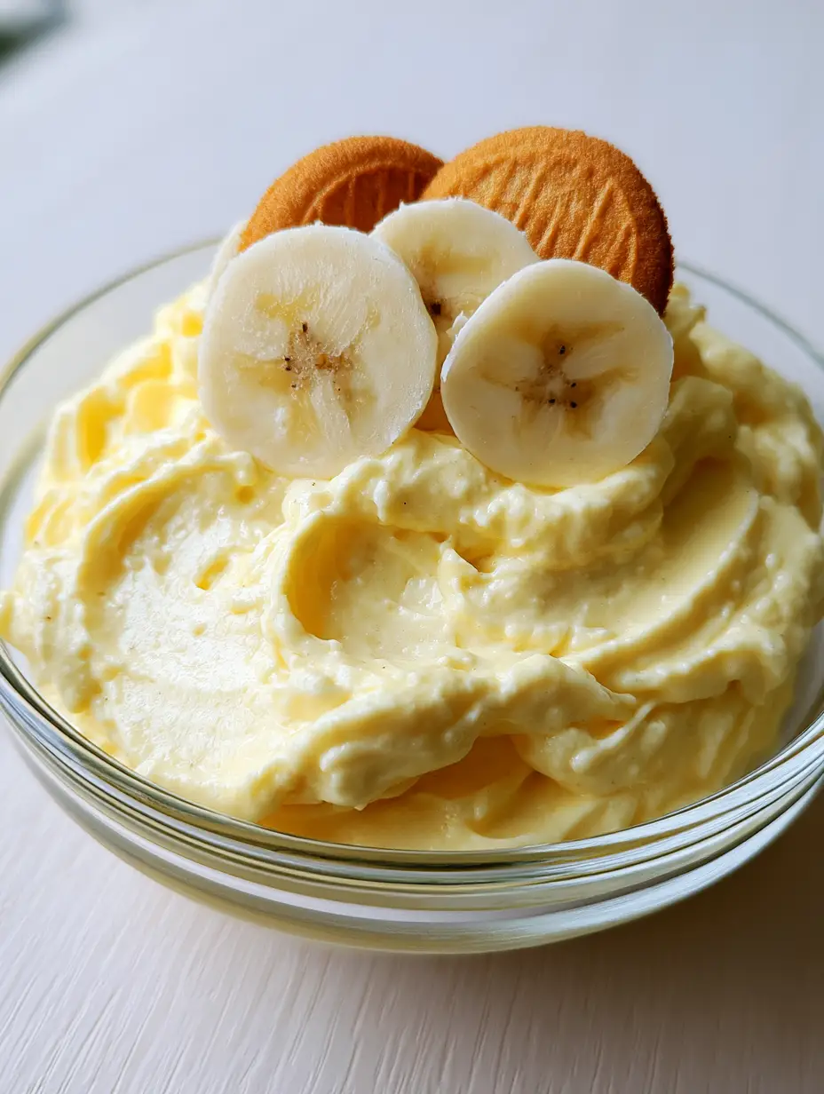 Nahaufnahme von cremigem Bananen-Frosting mit sichtbaren Spitzen in einer Glasschale.