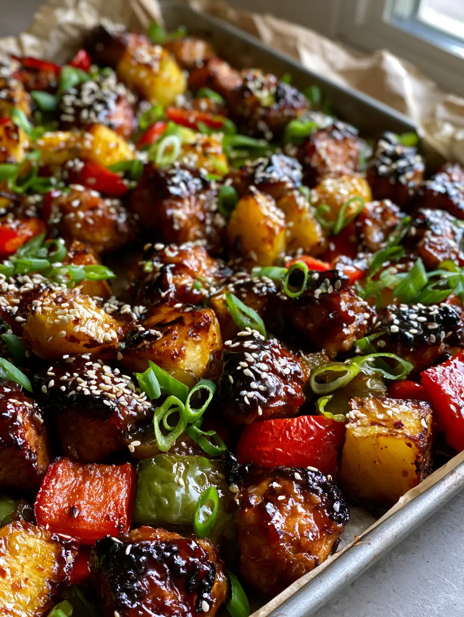 Nahaufnahme von gerösteten Hähnchenstücken in dunkler Teriyaki-Glasur mit gelber Ananas und Paprika auf Backpapier.