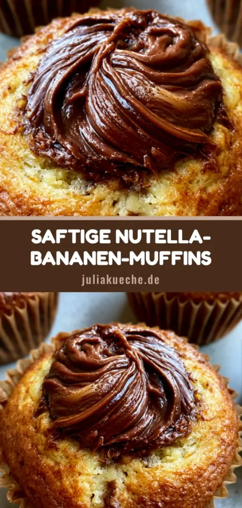 Draufsicht auf frisch gebackene Nutella-Bananen-Muffins mit glänzenden Schokoladen-Wirbeln in braunen Papierförmchen.