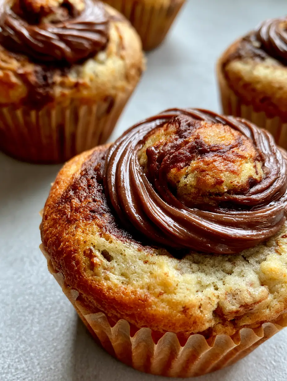 Nahaufnahme von Nutella-Bananen-Muffins mit sichtbaren Bananenstücken und tiefen Schokoladenstrudeln.