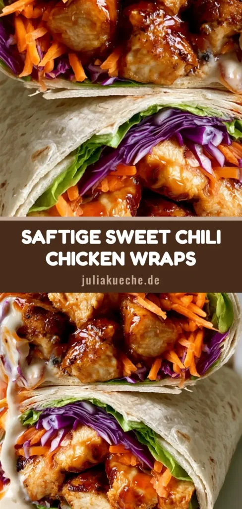 Sweet Chili Chicken Wraps: Das ultimative 15-Minuten-Rezept 4 Zwei halbierte Sweet Chili Chicken Wraps gestapelt auf einem weißen Teller, gefüllt mit glasiertem Hähnchen, Rotkohl und Karotten.