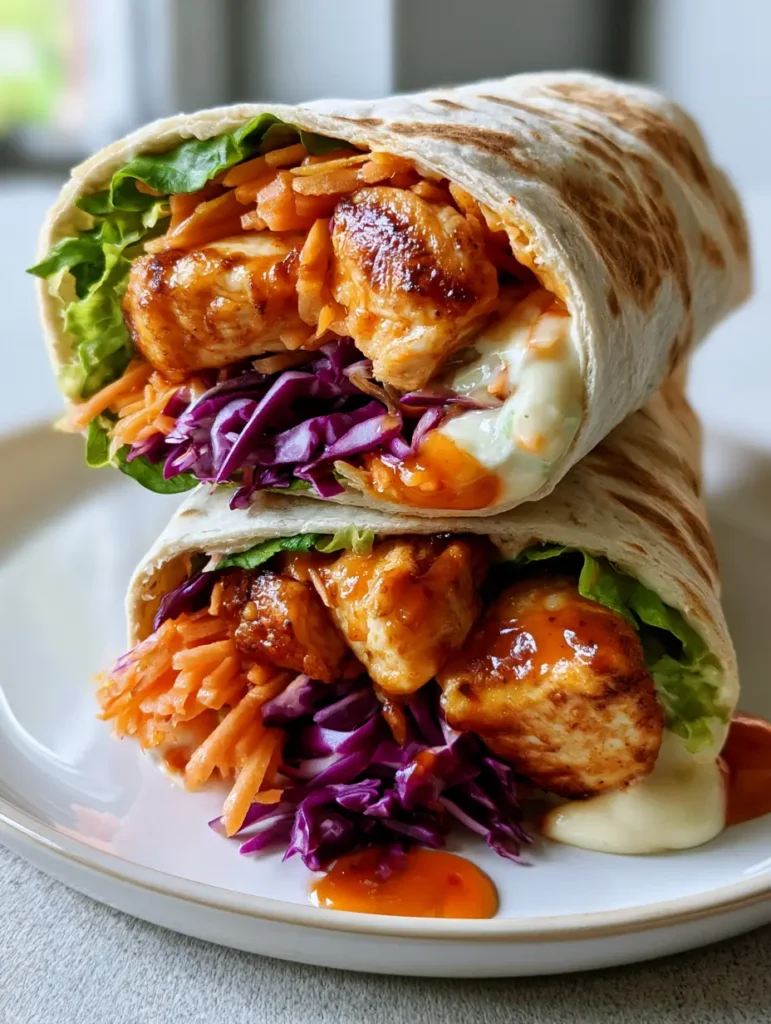 Sweet Chili Chicken Wraps: Das ultimative 15-Minuten-Rezept 1 Gestapelte Tortilla Wraps mit Sweet Chili Hähnchen und weißer Sauce auf einem schlichten Hintergrund.