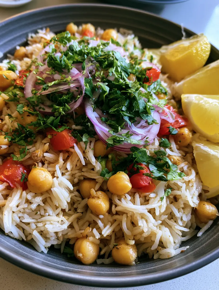 Nahaufnahme eines Mediterranen Reis-Topfs mit gelben Kichererbsen, roter Paprika und frischer Petersilie.