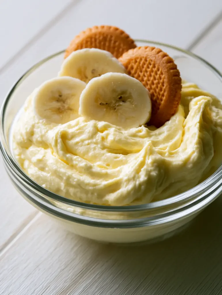 Bananen-Frosting serviert mit frischen Bananenscheiben und knusprigen Vanillewaffeln.