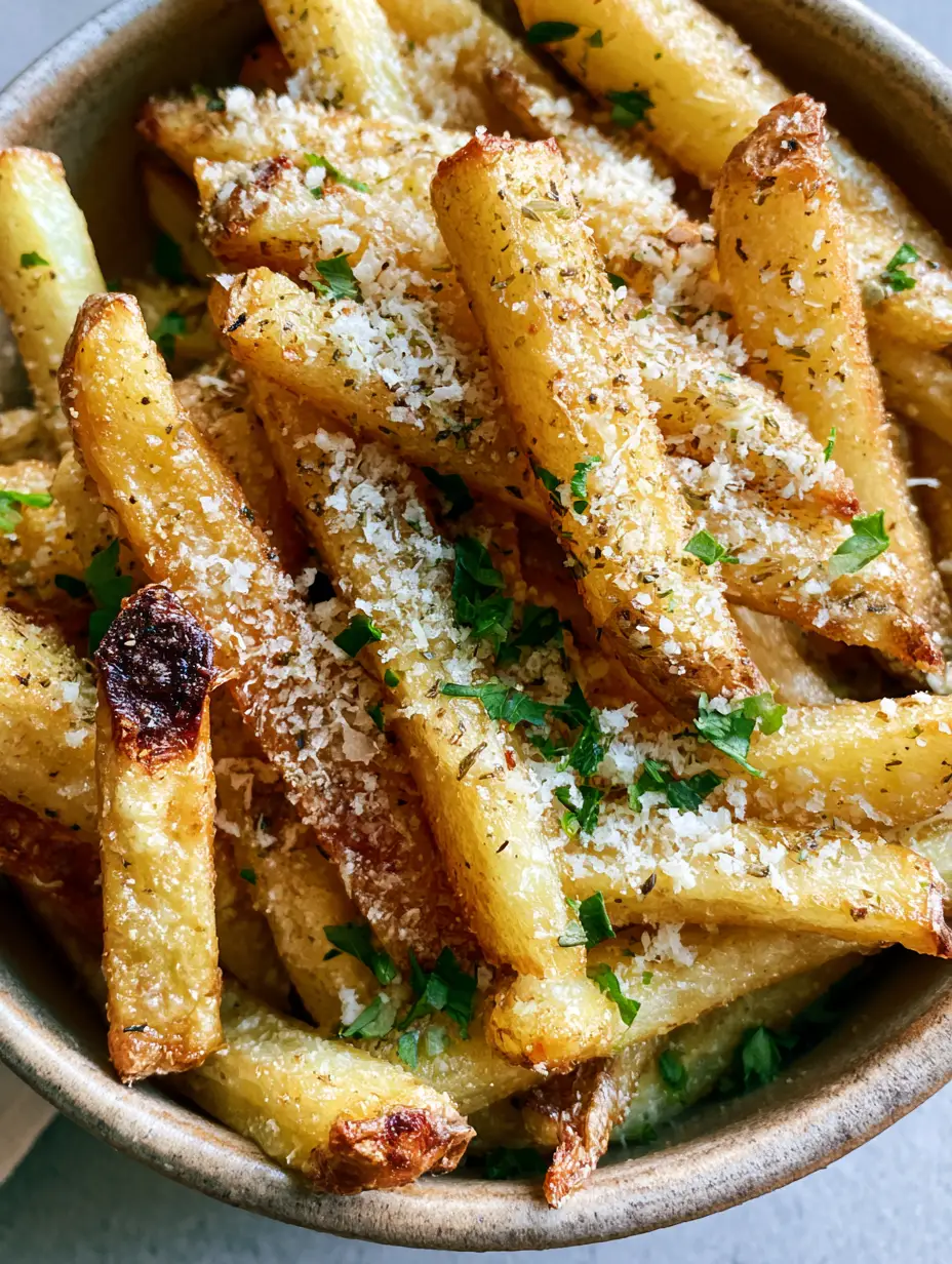 Parmesan Pommes: Das ultimative Rezept für knusprige Käse-Fritten 3 Nahaufnahme von frisch frittierten Parmesan Pommes mit Petersilie und Meersalz.