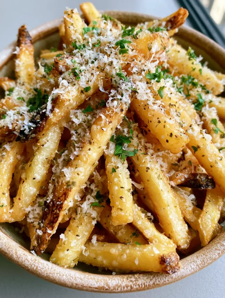 Parmesan Pommes: Das ultimative Rezept für knusprige Käse-Fritten 1 Draufsicht auf einen Berg goldener Parmesan Pommes mit Oregano.