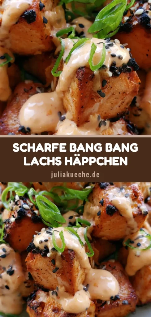 Bang Bang Lachs: Knusprige Lachs-Würfel mit cremiger Chili-Mayo 4 Nahaufnahme von Bang Bang Lachs Würfeln mit cremiger oranger Sauce, Frühlingszwiebeln und Sesam auf einem Teller.