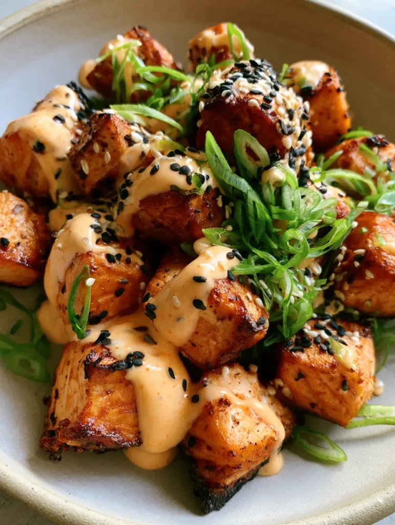 Bang Bang Lachs: Knusprige Lachs-Würfel mit cremiger Chili-Mayo 2 Draufsicht auf goldbraun gebackene Bang Bang Lachs Würfel mit leicht verkohlten Kanten und Chili-Mayo.