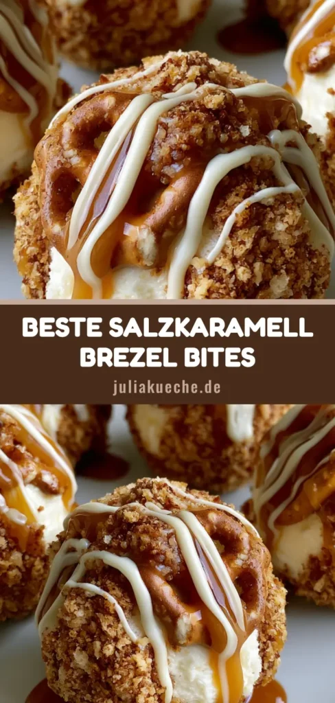 Salzkaramell Brezel Cheesecake: Die ultimativen Cheesecake-Bites 4 Nahaufnahme von Salzkaramell Brezel Cheesecake Kugeln auf einem weißen Teller, dekoriert mit Karamellsauce.