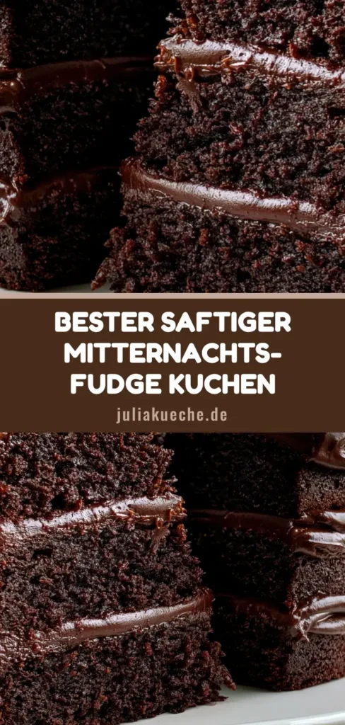 Saftiger Schokoladenkuchen: Das ultimative Rezept für Schokoholics 4 Ein Anschnitt eines dreistöckigen saftigen Schokoladenkuchens mit glänzendem Fudge-Frosting auf einem weißen Podest.