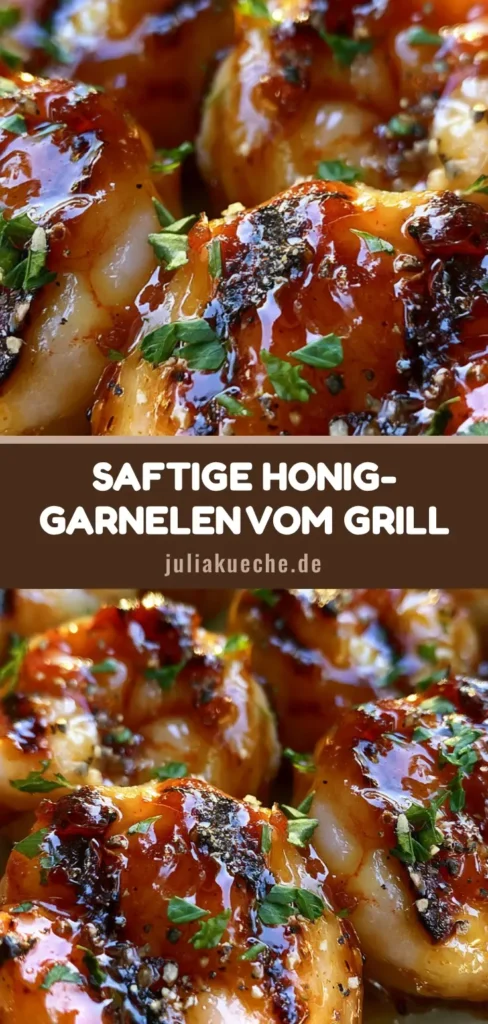 Gegrillte Garnelen mit Honig-Glasur: Das ultimative Sommer-Rezept 3 Mehrere gegrillte Garnelenspieße mit goldbrauner Honig-Glasur, Petersilie und schwarzem Pfeffer auf einem Teller.
