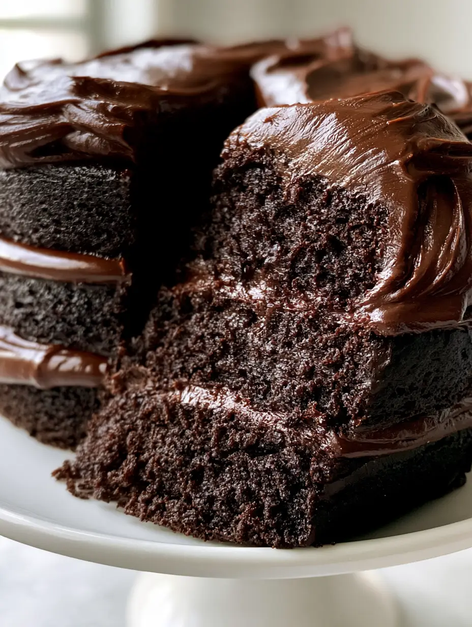 Saftiger Schokoladenkuchen: Das ultimative Rezept für Schokoholics 3 Nahaufnahme eines saftigen Schokoladenkuchens mit drei Schichten und dickem Schokoladen-Fudge.