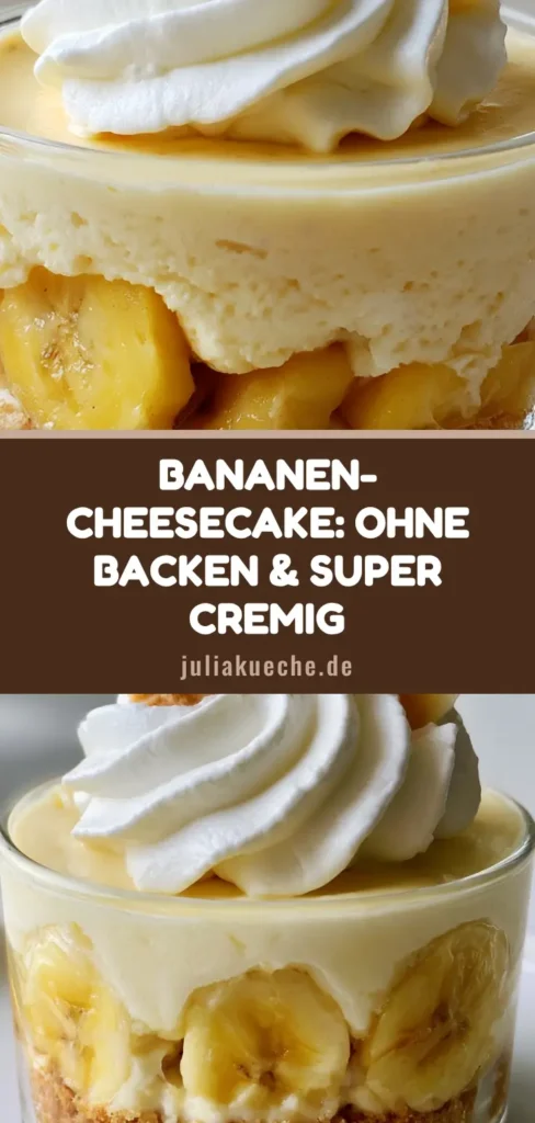 Bananen-Pudding Cheesecake: Das ultimative No-Bake Dessert im Glas 4 Ein appetitlicher Bananen-Pudding Cheesecake im Glas mit Sahnehaube und Vanille-Waffel Garni.
