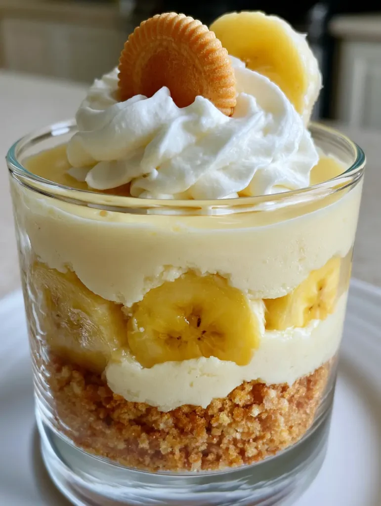 Nahaufnahme eines cremigen Bananen-Pudding Cheesecake im Glas mit sichtbaren Bananenscheiben.