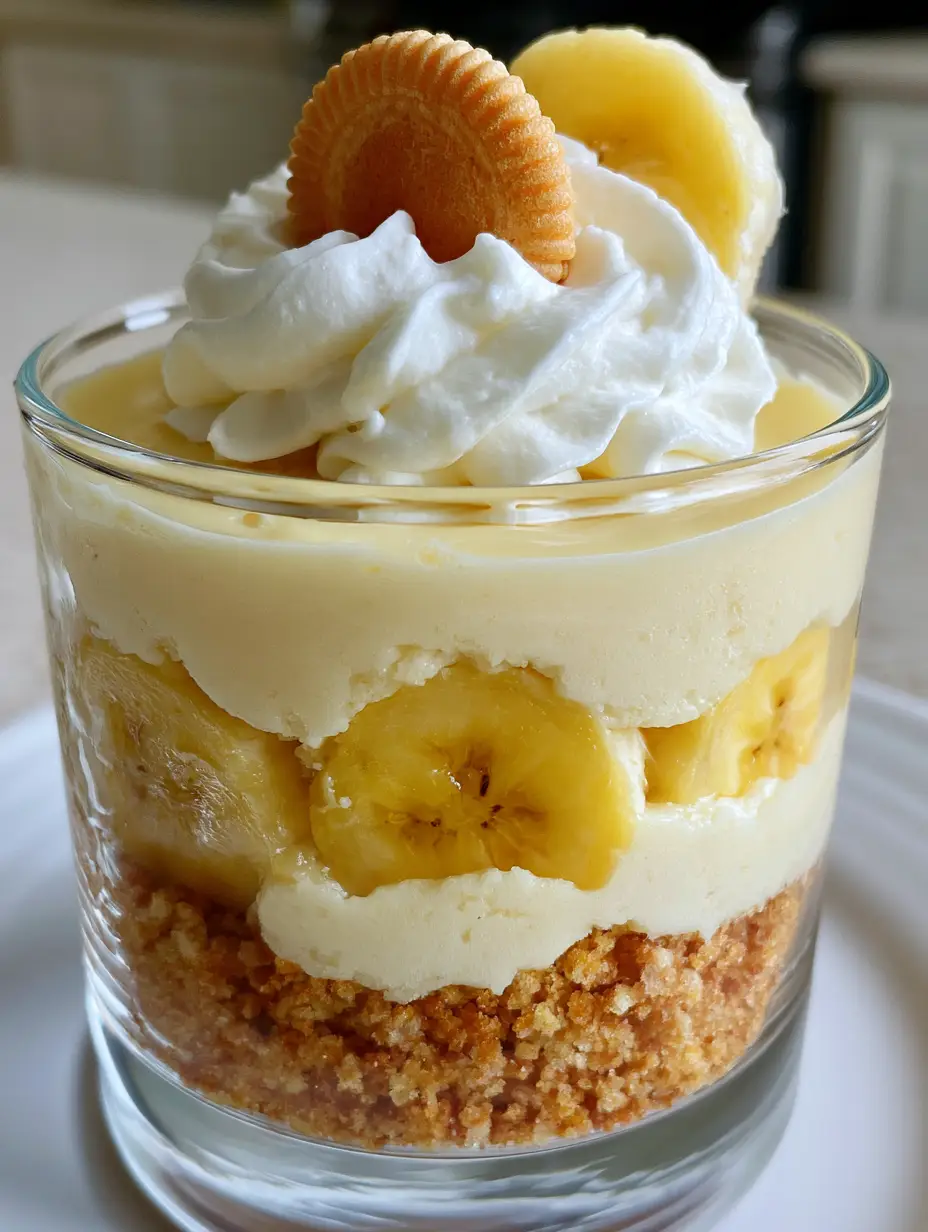 Bananen-Pudding Cheesecake: Das ultimative No-Bake Dessert im Glas 3 Nahaufnahme eines cremigen Bananen-Pudding Cheesecake im Glas mit sichtbaren Bananenscheiben.