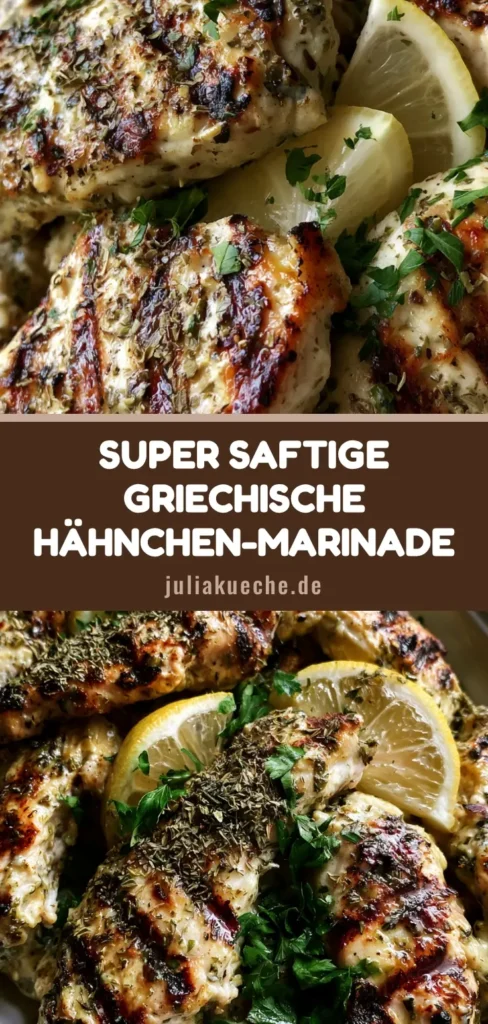Griechische Hähnchen Marinade: Das Geheimnis für saftiges Fleisch 4 Gegrillte Griechische Hähnchen Marinade Stücke auf einer weißen Platte mit Zitronenspalten und Kräutern.