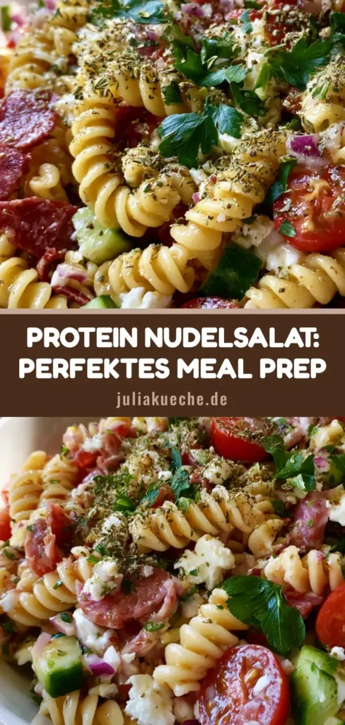 High-Protein Nudelsalat: Das ultimative Rezept für Fitness & Genuss 4 Ein bunter High-Protein Nudelsalat mit Rotini, Salami, Feta und Tomaten in einer weißen Schale.