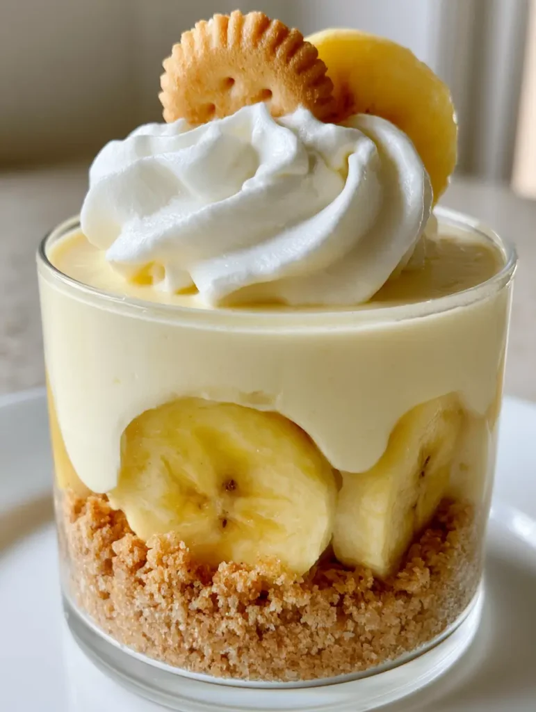 Bananen-Pudding Cheesecake: Das ultimative No-Bake Dessert im Glas 1 Bananen-Pudding Cheesecake im Glas serviert in einer hellen Küche.