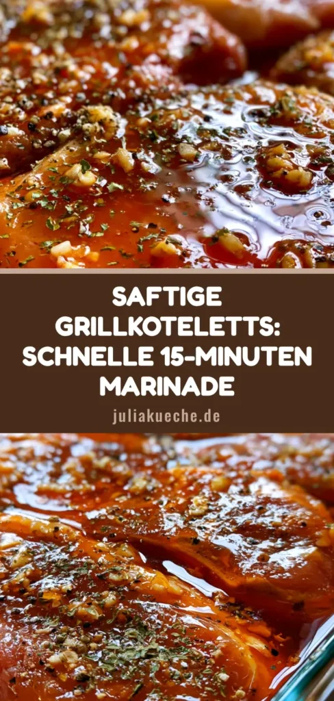 Schweinekotelett Marinade: Das Geheimnis für ultra-saftiges Fleisch 4 Rohe Schweinekoteletts mit Knochen in einer Glasform, dick bestrichen mit einer glänzenden rötlich-braunen Schweinekotelett Marinade, sichtbarem Knoblauch und Kräutern.