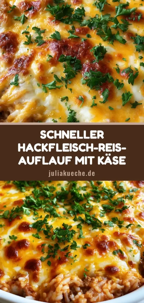Hackfleisch-Reis-Auflauf: Das ultimative Comfort Food mit goldgelber Käsekruste 4 Nahaufnahme von oben: Hackfleisch-Reis-Auflauf in einer weißen Keramikform mit geschmolzenem gelben Cheddar, Mozzarella und frischer Petersilie.