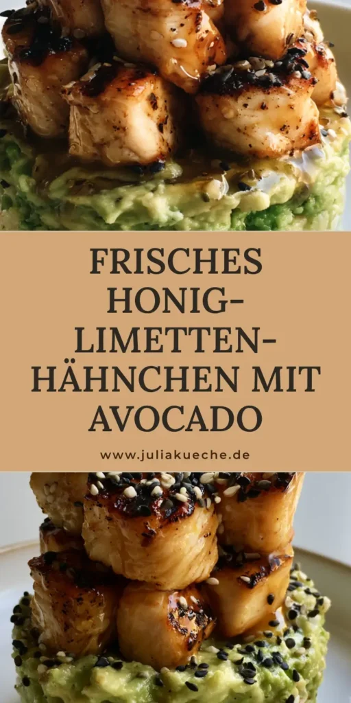 Honig-Limetten-Hähnchen: Die ultimative Bowl mit Avocado und Reis 4 Ein vertikaler Food-Stack aus weißem Reis, Avocado und glänzendem Honig-Limetten-Hähnchen, garniert mit Sesam.