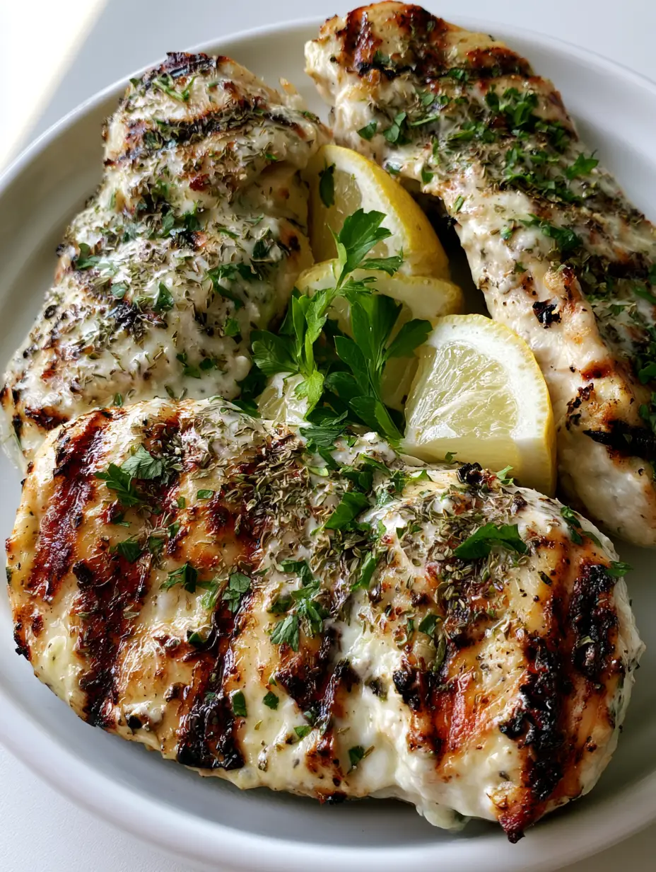 Griechische Hähnchen Marinade: Das Geheimnis für saftiges Fleisch 3 Nahaufnahme von gegrilltem Hähnchen mit Joghurt-Marinade, Oregano und Petersilie.