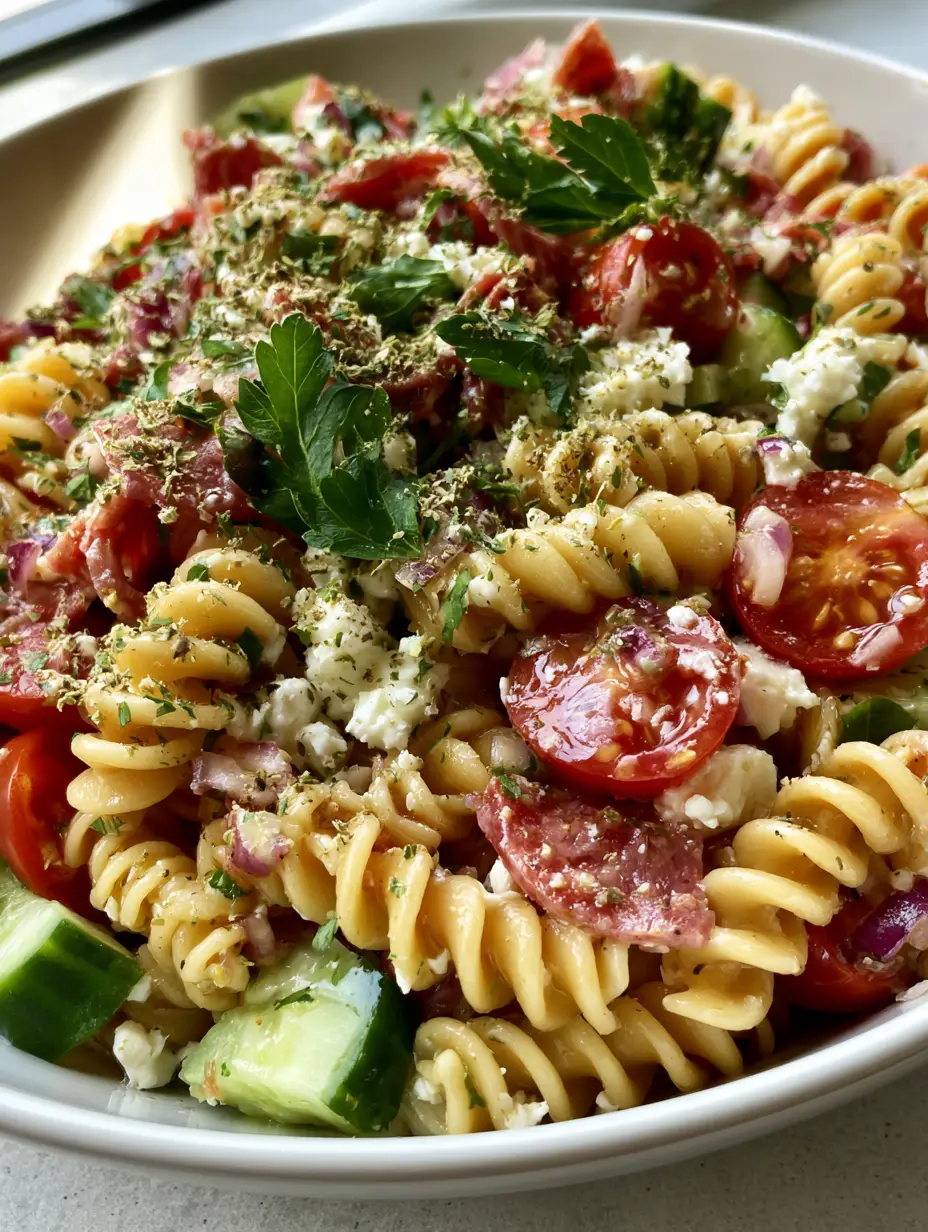 High-Protein Nudelsalat: Das ultimative Rezept für Fitness & Genuss 3 Nahaufnahme eines italienischen Nudelsalats mit frischen Kräutern und Feta.