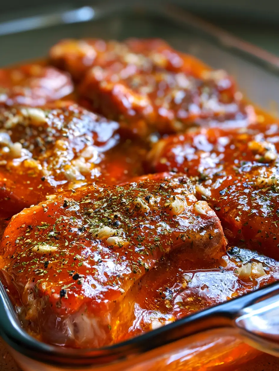 Schweinekotelett Marinade: Das Geheimnis für ultra-saftiges Fleisch 3 Nahaufnahme von Schweinekoteletts in einer Glasauflaufform mit einer dicken, rötlichen Schweinekotelett Marinade und vielen Kräutern.