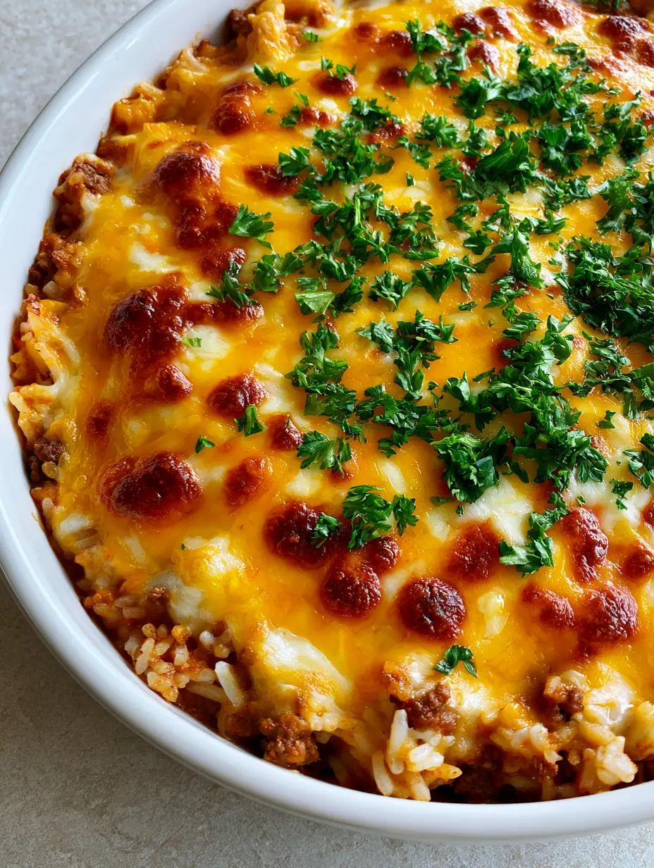 Hackfleisch-Reis-Auflauf: Das ultimative Comfort Food mit goldgelber Käsekruste 3 Draufsicht auf einen saftigen Hackfleisch-Reis-Auflauf mit einer dicken, goldbraun gebackenen Käseschicht und Kräutern.