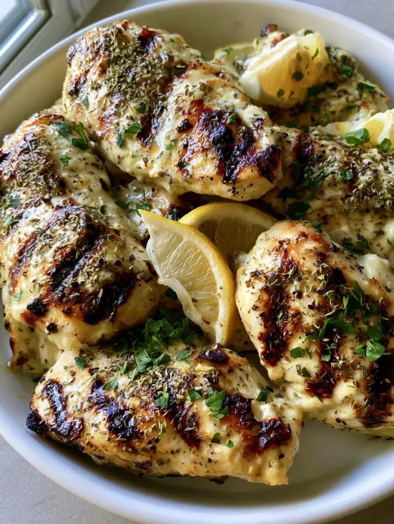 Griechische Hähnchen Marinade: Das Geheimnis für saftiges Fleisch 1 Draufsicht auf griechisches Hähnchen mit Zitronenachteln auf Keramikgeschirr.