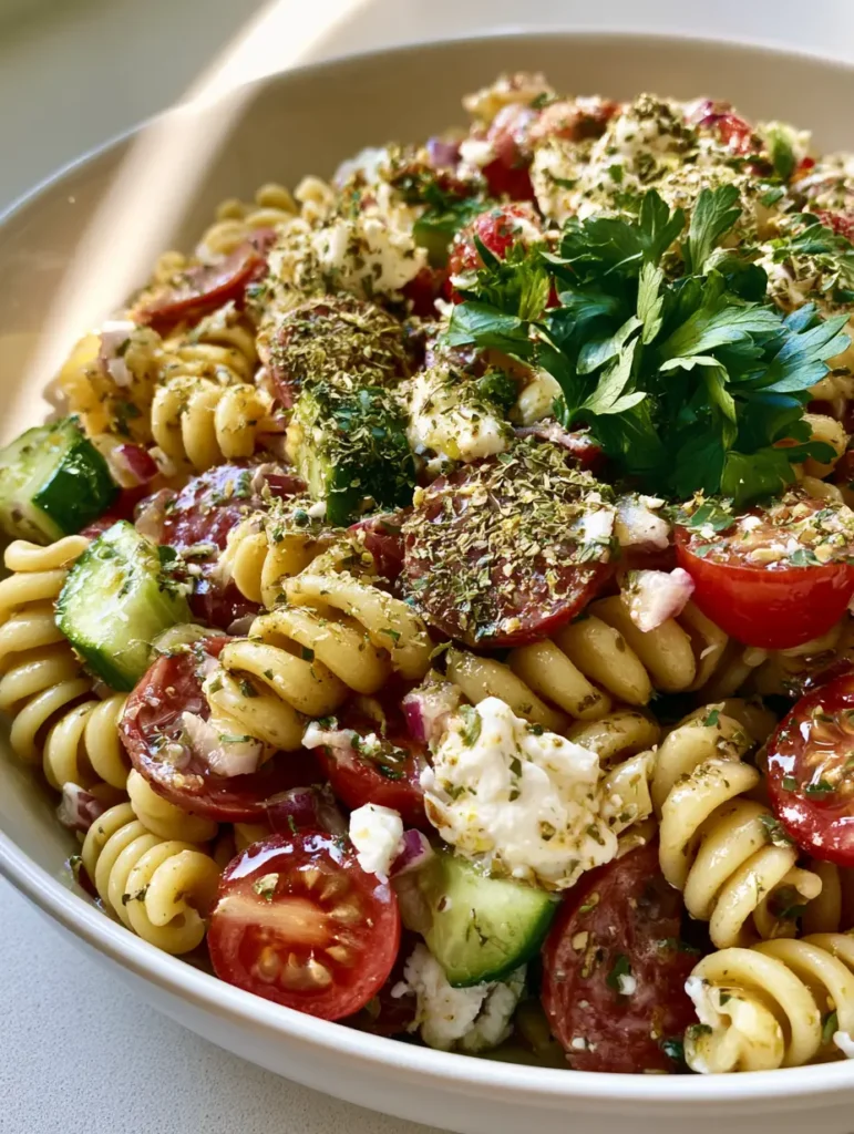 High-Protein Nudelsalat: Das ultimative Rezept für Fitness & Genuss 1 Bunter High-Protein Nudelsalat mit Salami und Gurken in einer Schüssel.