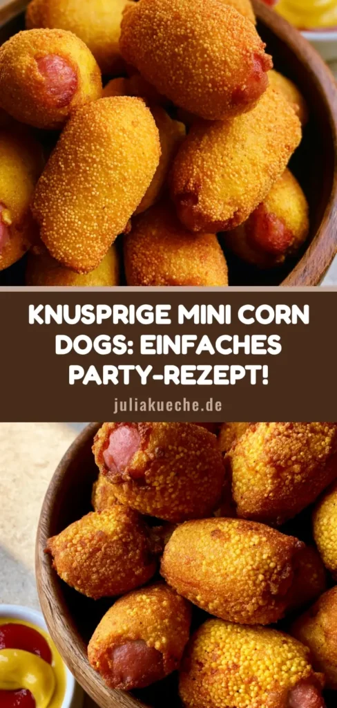 Mini Corn Dogs Rezept: Knusprige Party-Bites wie vom Jahrmarkt 3 Ein Haufen goldbraun frittierter Mini Corn Dogs in einer rustikalen Holzschale, serviert mit Ketchup und Senf. (Mini Corn Dogs Rezept)
