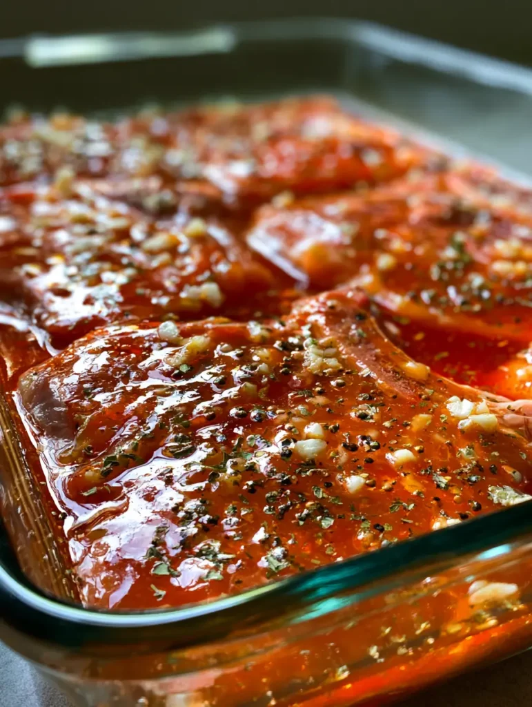 Schweinekotelett Marinade: Das Geheimnis für ultra-saftiges Fleisch 1 Draufsicht auf mariniertes Fleisch mit sichtbaren Knoblauchstücken und Pfefferkörnern in einer glänzenden Glasur.